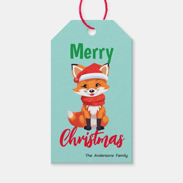 Cute god jul Red Fox Santa Scarf helgdag Presentetikett (Framsidan)