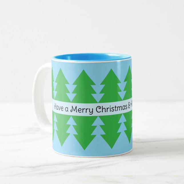 Cute God jul Simple Träd Design Blue Två-Tonad Mugg (Framsida vänster)