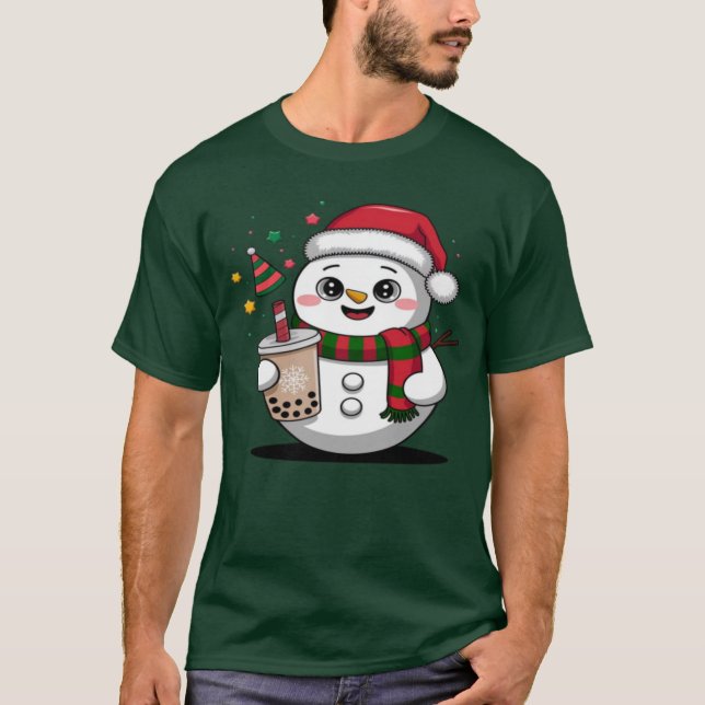 Cute God Jul Snögubbe med Boba Tea - Uppmärkligt T Shirt (Framsida)