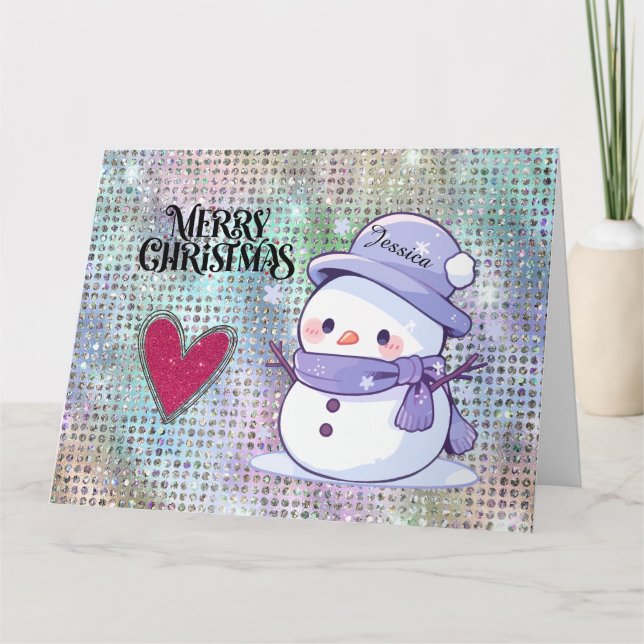 Cute God jul Snögubbe Pastel Glitter Kort (Framsida)