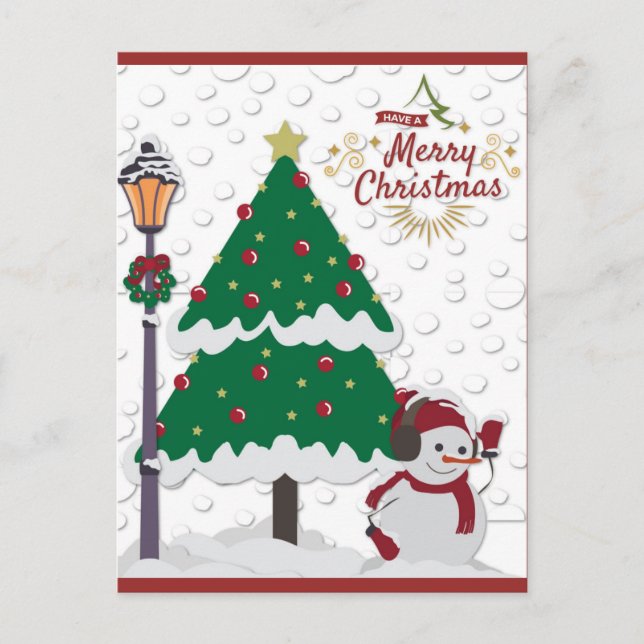 Cute God jul Träd Snögubbe Vykort (Framsida)