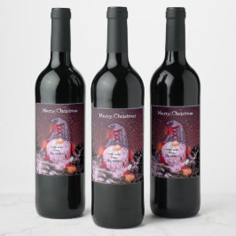 Cute God jul Whimsical Gnome Helgdag Träd Vinflaska Etikett