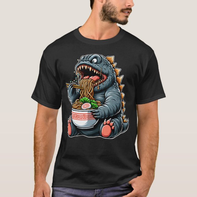 Cute Godzilla Eating Ramen T Shirt (Framsida)