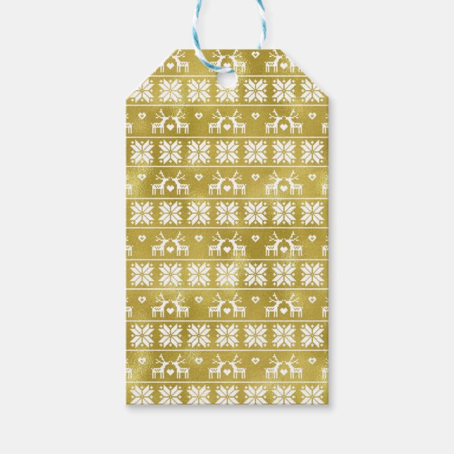 Cute Gold Foil Reindeers and Snöflingor Presentetikett (Framsidan)