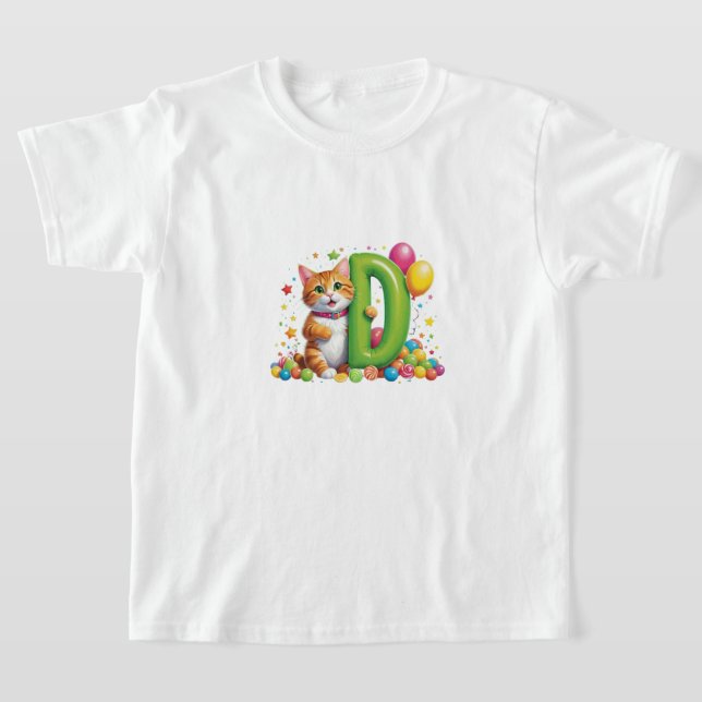 "Cute Golden Cat Holding Green Balloon Letter D   T Shirt (Laydown)