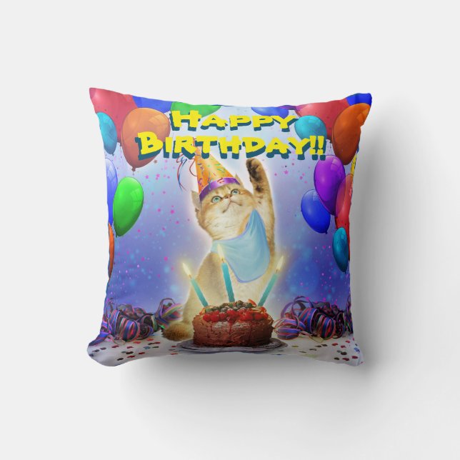 Cute Golden Festive Birthday Kattunge Kudde (Framsida)