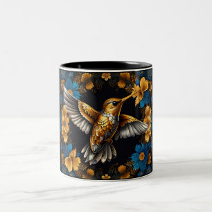 Cute Golden Hummingbird on Black & Blåa blommor Två-Tonad Mugg