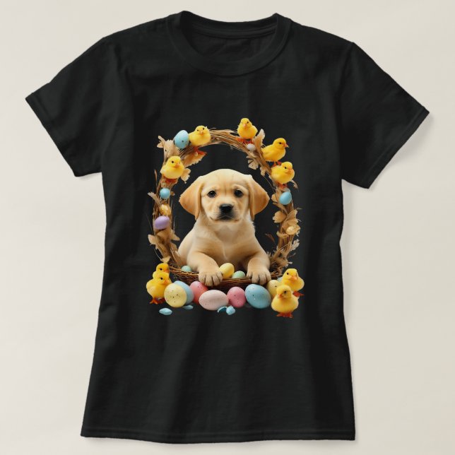 Cute Golden Labrador Puppy och Chick Påsk baske T Shirt (Design framsida)