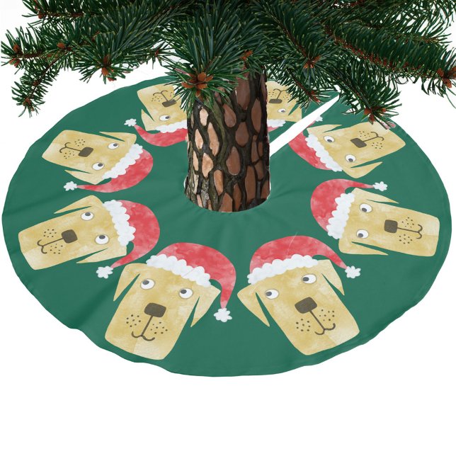 Cute Golden Labrador Retriever Hund i Santa Hat Julgransmatta Borstad Polyester (Fun Golden or Yellow Labrador Retriever dog in a Santa Hat red green festive Christmas tree skirt)