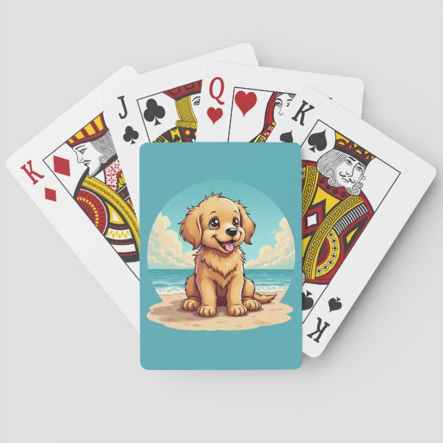Cute Golden Puppy at Sunny Beach Scene Casinokort (Baksidan)