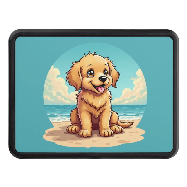 Cute Golden Puppy at Sunny Beach Scene Dragkroksskydd (Framsidan)