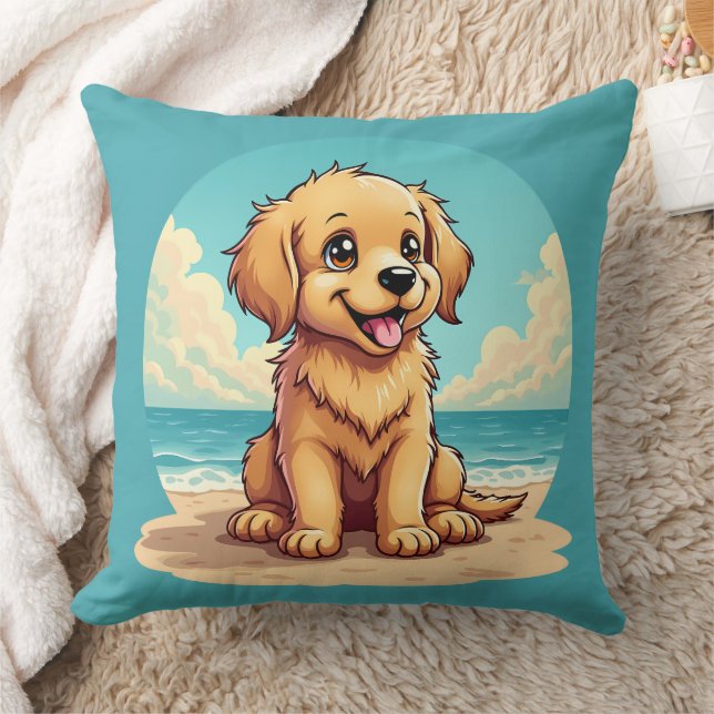 Cute Golden Puppy at Sunny Beach Scene Kudde (Filt)
