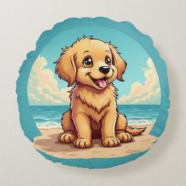 Cute Golden Puppy at Sunny Beach Scene Rund Kudde (Framsidan)