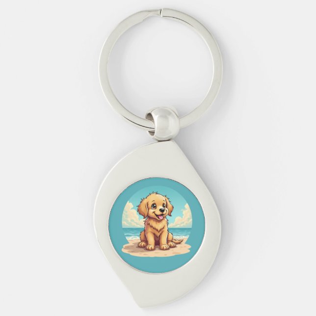 Cute Golden Puppy at Sunny Beach Scene Swirl Silverfärgad Nyckelring (Framsidan)