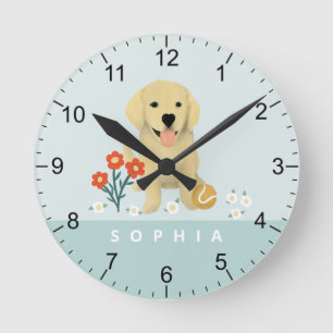 Cute Golden Retriever-Blommigt, Hund Rund Klocka