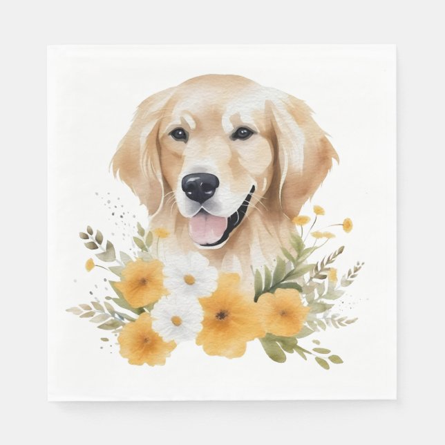 Cute Golden Retriever Blommigt Watercolor Puppy Hu Pappersservett (Framsidan)