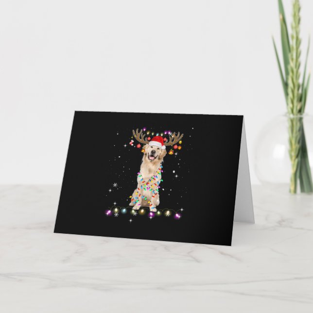 Cute Golden Retriever Christmas Lights Reindeer Kort (Framsida)