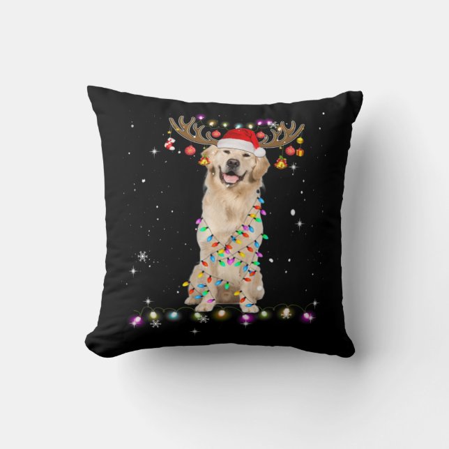 Cute Golden Retriever Christmas Lights Reindeer Kudde (Framsida)