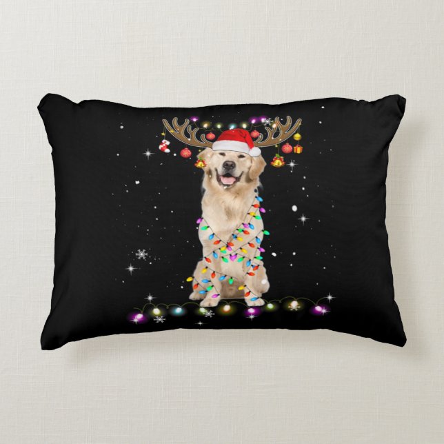 Cute Golden Retriever Christmas Lights Reindeer Prydnadskudde (Framsidan)