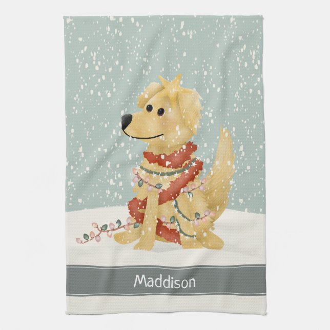Cute Golden Retriever-Helgdag Julfamilj Kökshandduk (Vertikal)