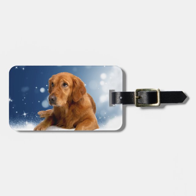 Cute Golden Retriever Hund i Sitta i Snö Stars Bagagebricka (Horisontell Framsida)