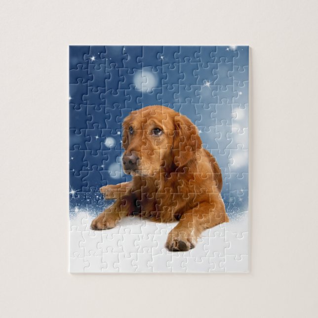 Cute Golden Retriever Hund i Sitta i Snö Stars Pussel (Vertikal)