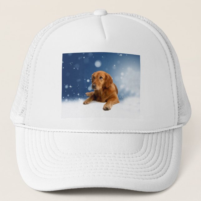 Cute Golden Retriever Hund i Sitta i Snö Stars Truckerkeps (Framsida)