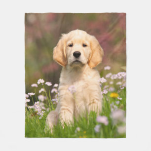 Cute Golden Retriever Hund Puppy i blommor Fleecefilt