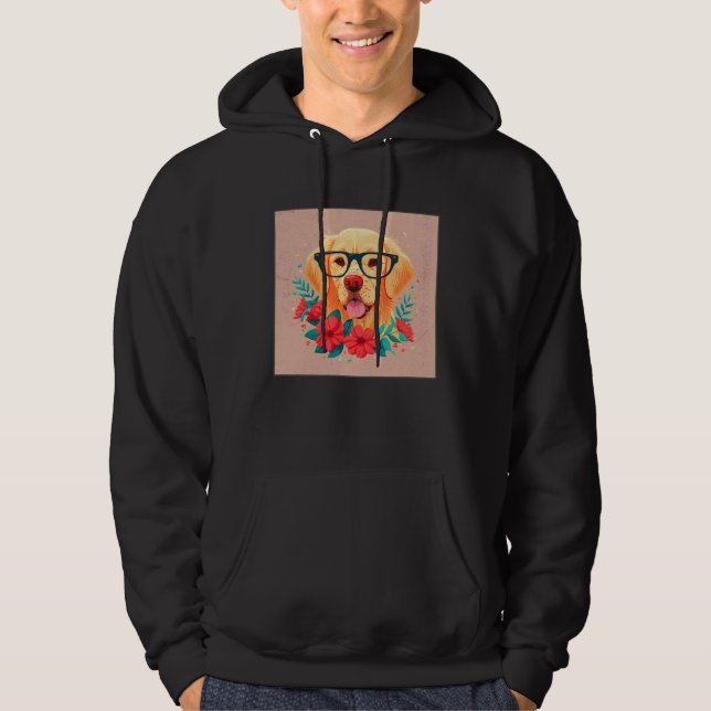 Cute Golden Retriever Illustration Floral Glasses  Hoodie (Framsida)