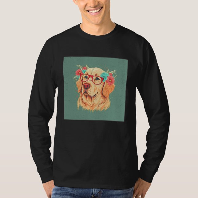 Cute Golden Retriever Illustration Floral Glasses  T Shirt (Framsida)