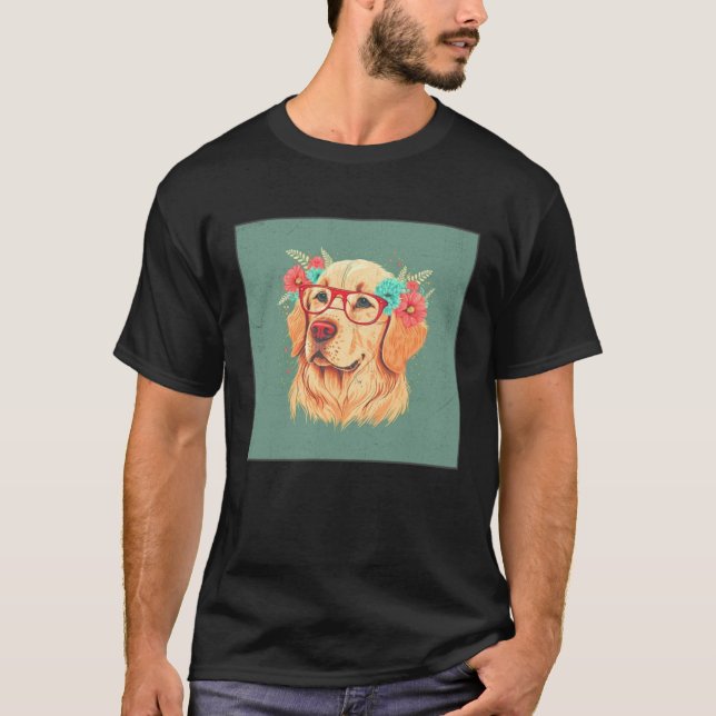 Cute Golden Retriever Illustration Floral Glasses  T Shirt (Framsida)