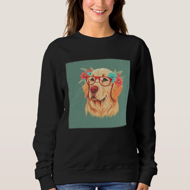 Cute Golden Retriever Illustration Floral Glasses  T Shirt (Framsida)