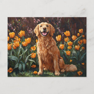 Cute Golden Retriever in a Tulip Garden Vykort