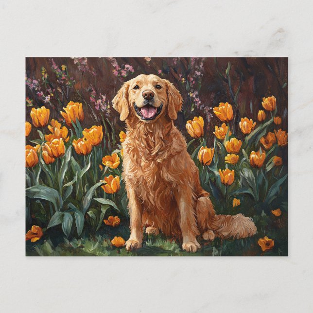 Cute Golden Retriever in a Tulip Garden Vykort (Framsida)