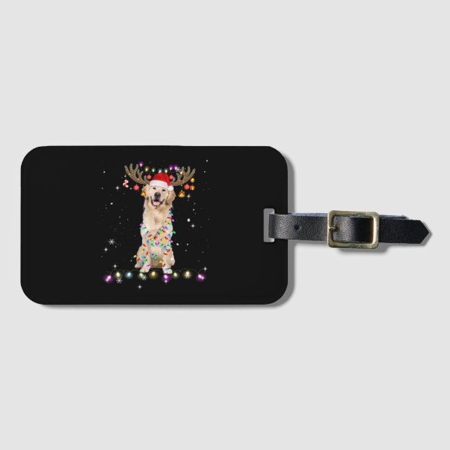 Cute Golden Retriever jul Ljus Reindeer Bagagebricka (Framsida horisontal)