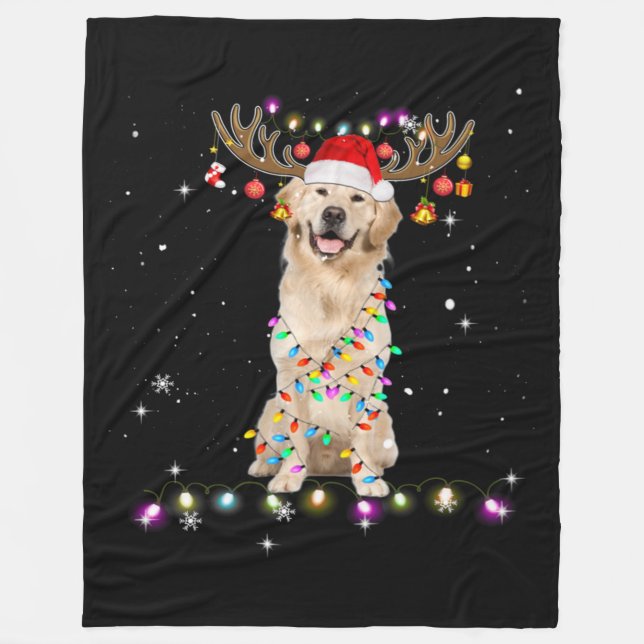 Cute Golden Retriever jul Ljus Reindeer Fleecefilt (Framsidan)