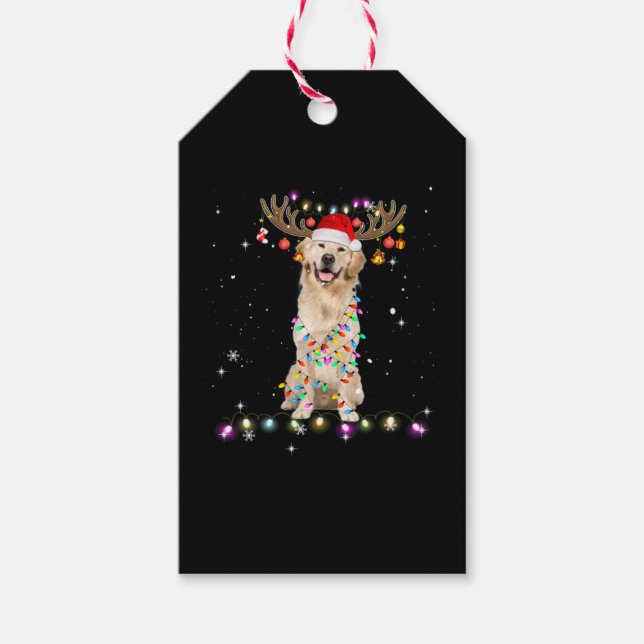 Cute Golden Retriever jul Ljus Reindeer Presentetikett (Framsidan)
