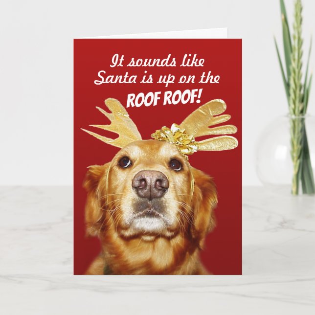 Cute Golden Retriever med Guld Antlers jul Helgkort (Framsida)