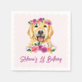Cute Golden Retriever och Lila blommor Birthday Pappersservett