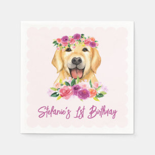 Cute Golden Retriever och Lila blommor Birthday Pappersservett