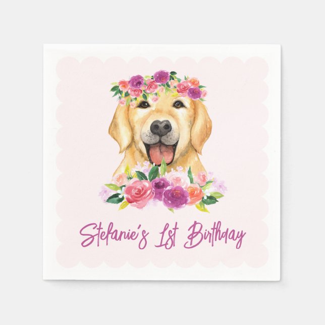 Cute Golden Retriever och Lila blommor Birthday Pappersservett (Framsidan)