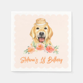 Cute Golden Retriever och Peach Flowers Birthday Pappersservett