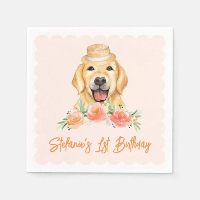 Cute Golden Retriever och Peach Flowers Birthday Pappersservett (Framsidan)
