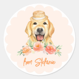 Cute Golden Retriever och Peach Flowers Birthday Runt Klistermärke