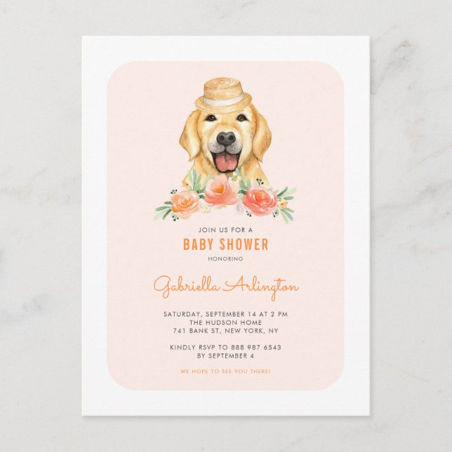 Cute Golden Retriever Peach Blommigt Baby Shower Inbjudan Vykort (Framsida)