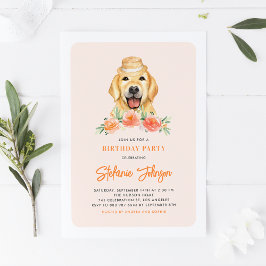 Cute Golden Retriever Peach Blommigt Barns födelse Inbjudningar