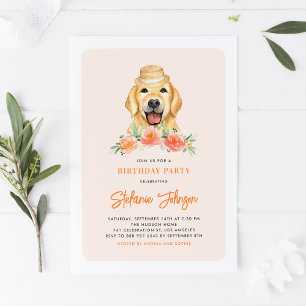 Cute Golden Retriever Peach Blommigt Barns födelse Inbjudningar