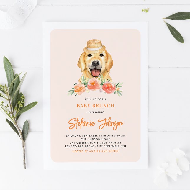 Cute Golden Retriever Peach Flowers Baby Brunch Inbjudningar (Skapare uppladdad)