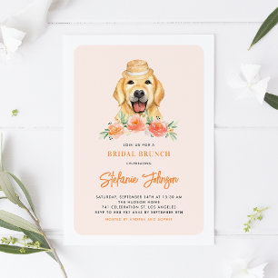 Cute Golden Retriever Peach Flowers Möhippa Brunch Inbjudningar