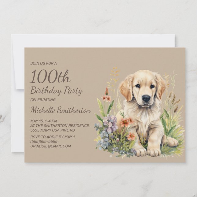 Cute Golden Retriever Puppy 100:e födelsedagen Inbjudningar (Framsida)